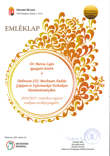 Emléklapot kapott iskolánk